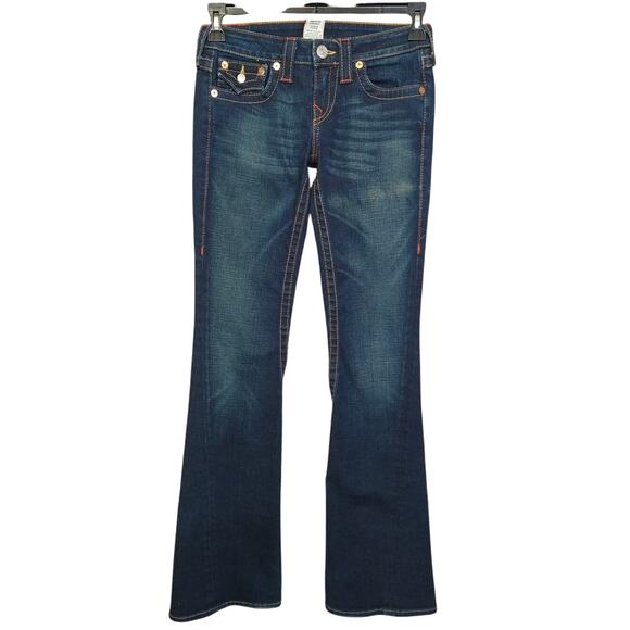 True Religion Joey Super T Flare Jeans Size 27 Y2K Twisted Inseam Flap Pockets - Picture 1 of 12